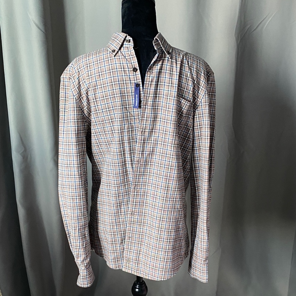 NWT Johnnie-O Men's Casual Plaid Shirt - Brown and White